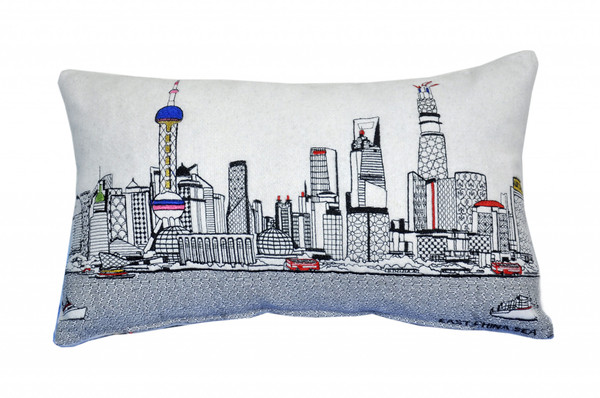 24" White Shanghai Daylight Skyline Lumbar Decorative Pillow 482521 By Homeroots