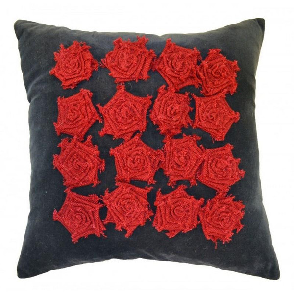 CLP1122A-RD Cloud9d Amy Charcoal Velvet Pillow With Red Jute Flowers