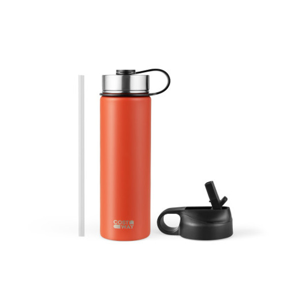 KC55427OR 22 Oz Double-Walled Insulated Stainless Steel Water Bottle With 2 Lids And Straw-Orange
