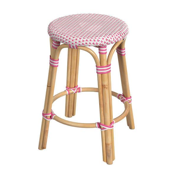 Butler Tobias Rattan Round 24" Counter Stool, White And Pink Dot 9371428