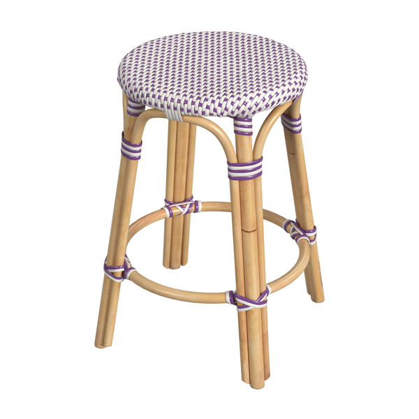 Butler Tobias Rattan Round 24" Counter Stool, White And Purple Dot 9371429