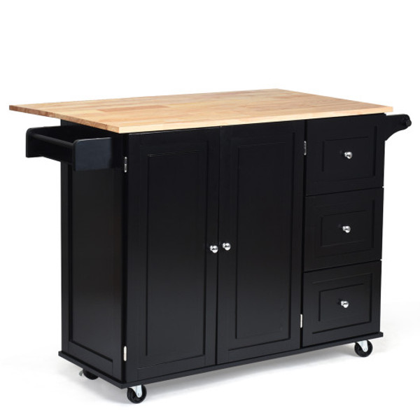 KC54246BK+ Kitchen Island Trolley Cart Wood With Drop-Leaf Tabletop And Storage Cabinet-Black