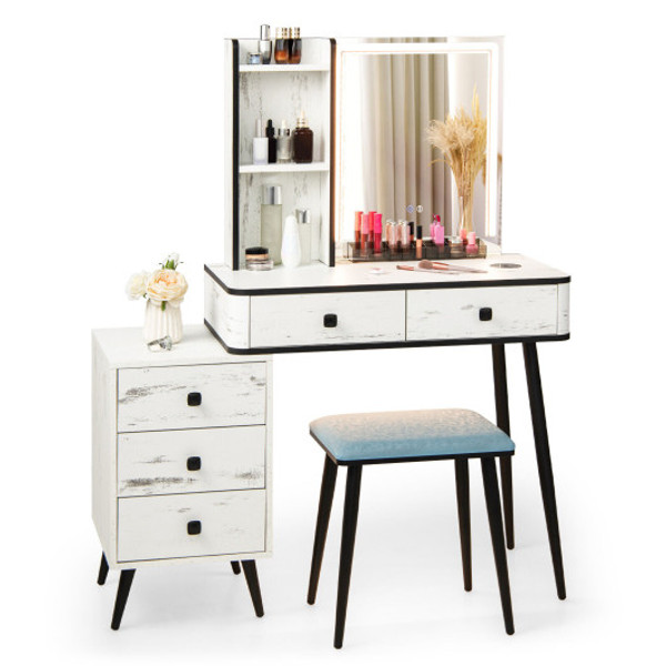 HU10331US-WH Vanity Makeup Table Set With Lighted Mirror-White