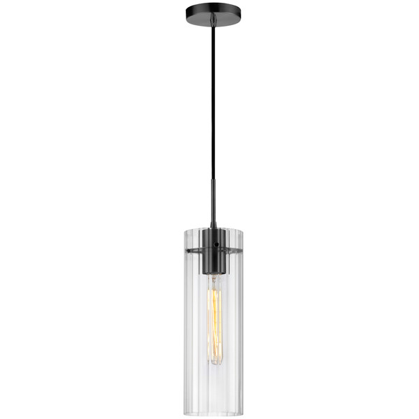 1 Light Incandescent Pendant, Metal Black With Clear Fluted Glass PTA-51P-CFF-MB By Dainolite