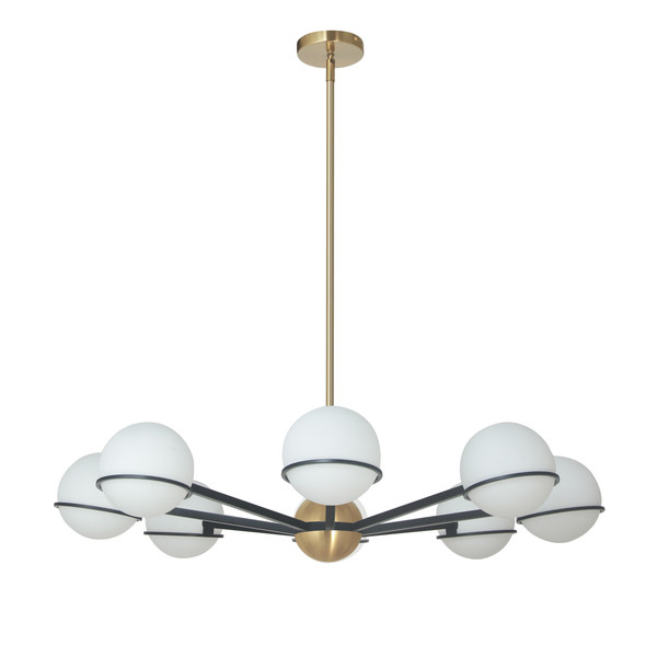 8 Light Halogen Chandelier, Metal Black/Aged Brass With White Opal Glass SOF-388C-MB-AGB By Dainolite