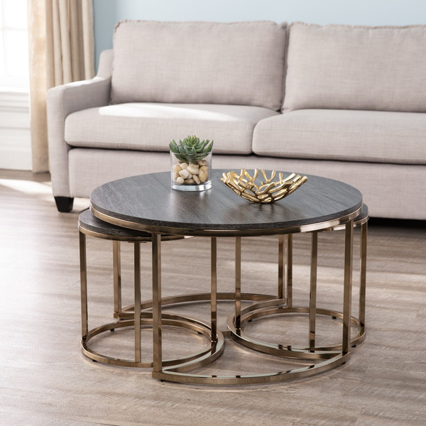 32" Champagne And Charcoal Manufactured Wood And Metal With Iron Round Coffee Table 402085 By Homeroots