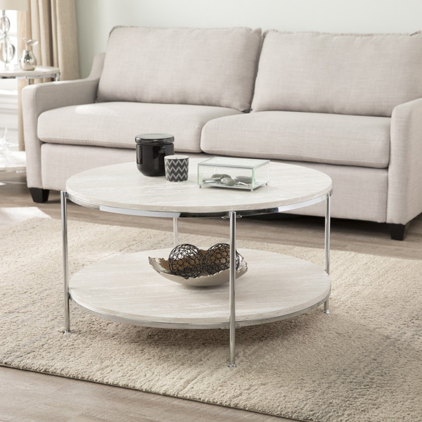 33" Chrome Faux Marble And Metal Round Coffee Table 402111 By Homeroots