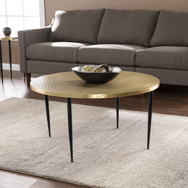 34" Black And Gold Embossed Metal Round Coffee Table 402118 By Homeroots