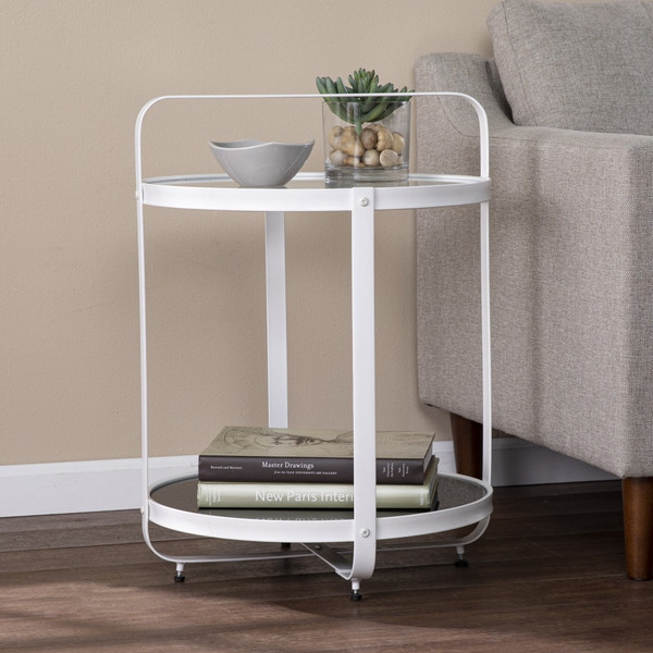27" White Glass And Iron Round End Table With Shelf 402462 By Homeroots