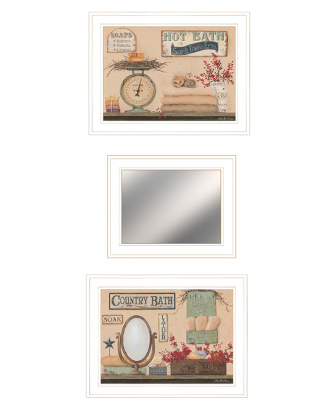 Set Of Three Wash Room White Rim Frame Bathroom Wall Art With Mirror 407128 By Homeroots