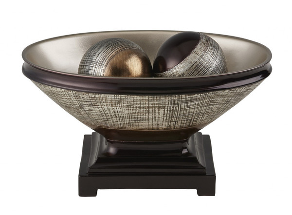 8" Brown Bronze And Silver Polyresin Decorative Bowl With Orbs 468320 By Homeroots
