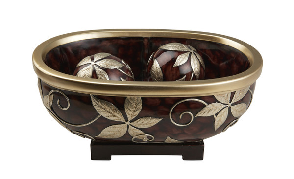 8" Cherry Brown Polyresin Decorative Bowl With Orbs 468325 By Homeroots