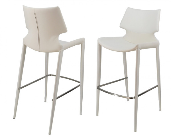Set Of Two 44" White Faux Leather And Silver Bar Height Bar Chairs With Footrest 473871 By Homeroots