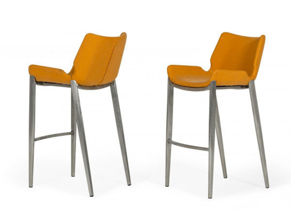 Set Of Two 42" Orange Faux Leather And Silver Bar Height Chairs With Footrest 473886 By Homeroots