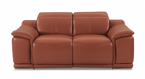 72" Camel Brown Italian Leather And Chrome Power Recline Love Seat With Storage 477568 By Homeroots