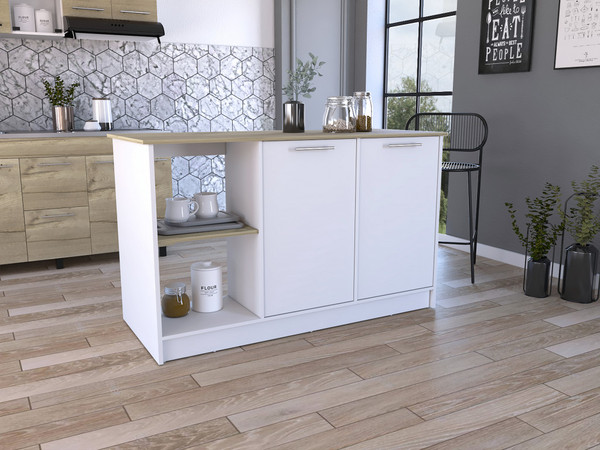 Sleek And Modern White And Light Oak Kitchen Island 477876 By Homeroots