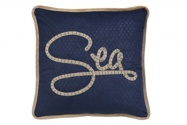 17" X 17" Navy Blue And Brown Text Zippered Polyester And Burlap Blend Throw Pillow With Embroidery 479187 By Homeroots
