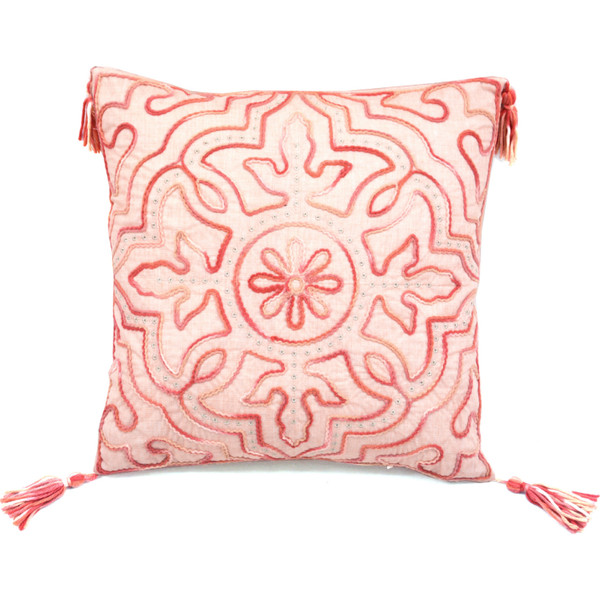 17" X 17" Coral And White Damask Zippered Polyester Throw Pillow With Tassels 479202 By Homeroots