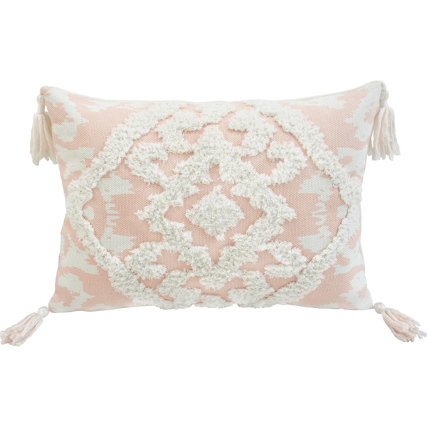 13" X 18" Peach And White Damask Zippered Polyester And Cotton Blend Throw Pillow With Tassels 479206 By Homeroots