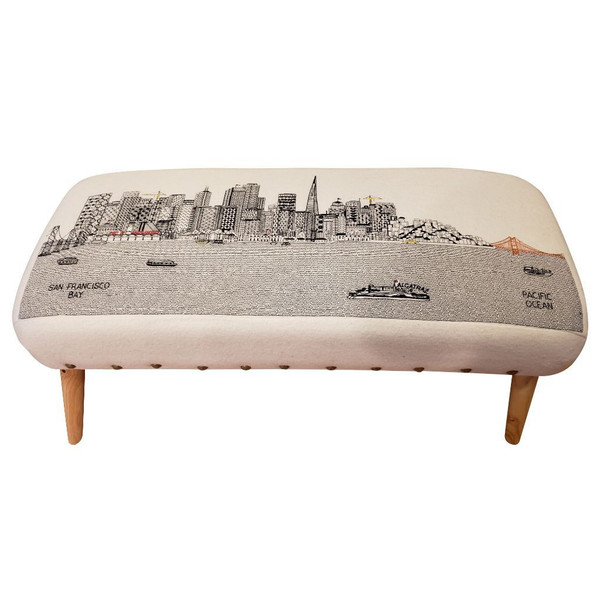 38" San Francisco Daylight Skyline Embroidered Ottoman 480540 By Homeroots