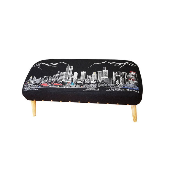 38" Black Denver Nighttime Skyline Embroidered Ottoman 480554 By Homeroots