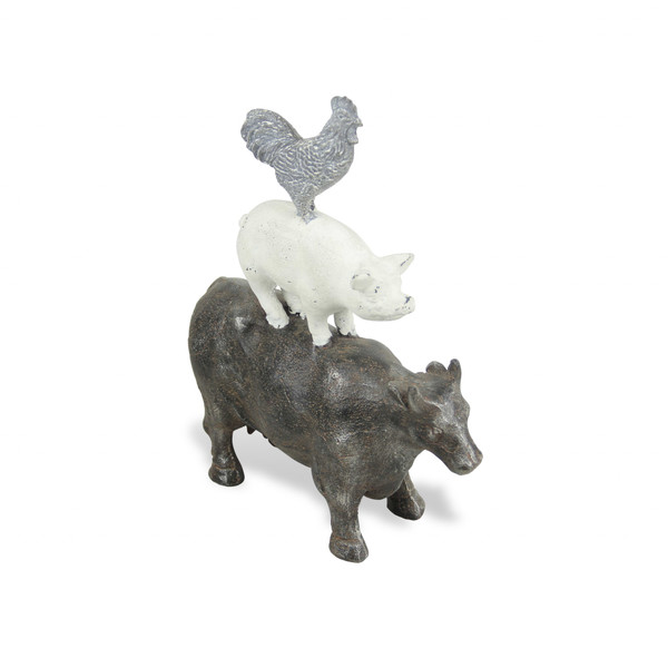 12" Grey And White Cast Iron Trio Of Farm Animals Hand Painted Sculpture 483190 By Homeroots
