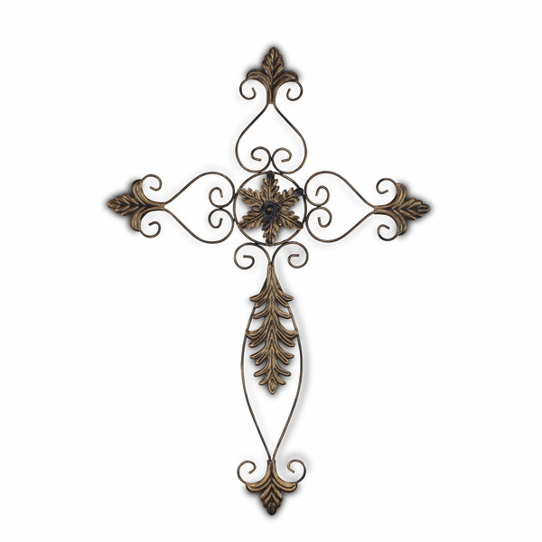 Rustic Burnished Golden Brown Metal Scroll Hanging Wall Cross 483346 By Homeroots