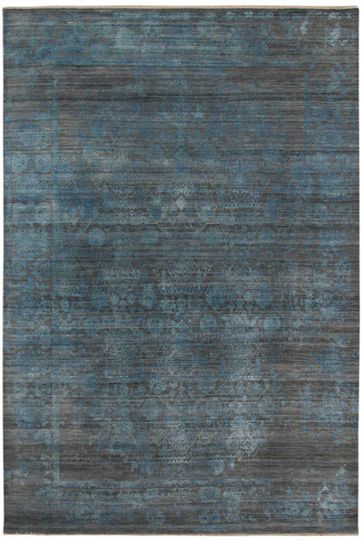 8' X 10' Dark Gray And Blue New Zealand Lambs Wool Damask Hand Knotted Area Rug With Fringe 484652 By Homeroots