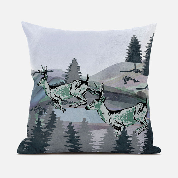 28X28 Muted Green Black Blue Deer Blown Seam Broadcloth Animal Print Throw Pillow 485332 By Homeroots