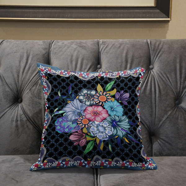 16X16 Black Blue Blown Seam Broadcloth Floral Throw Pillow 485458 By Homeroots