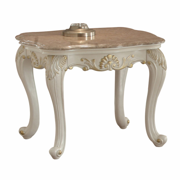 24" Pearl White Brushed With Gold Accents And Light Brown Marble End Table 486368 By Homeroots