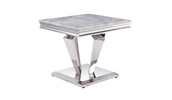 22" Silver And Light Gray Marble Look And Stainless Steel Square End Table 486399 By Homeroots