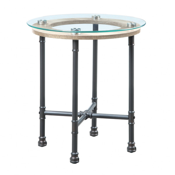 24" Sandy Gray And Clear Glass And Metal Round End Table 486410 By Homeroots