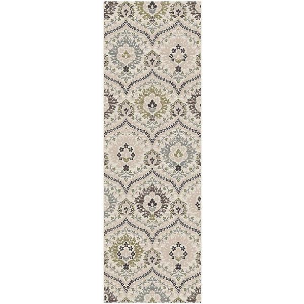 8' Ivory Gray And Olive Floral Stain Resistant Runner Rug 486680 By Homeroots