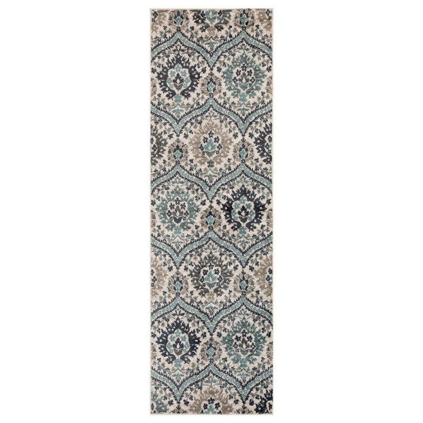 8' Ivory Blue And Gray Floral Stain Resistant Runner Rug 486682 By Homeroots