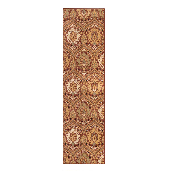 8' Red Gold And Olive Floral Stain Resistant Runner Rug 486685 By Homeroots