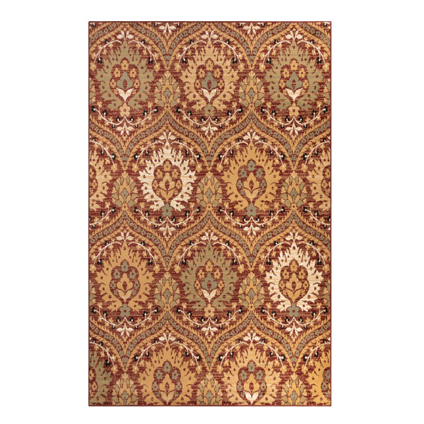 8' X 10' Red Olive And Gold Floral Stain Resistant Area Rug 486723 By Homeroots