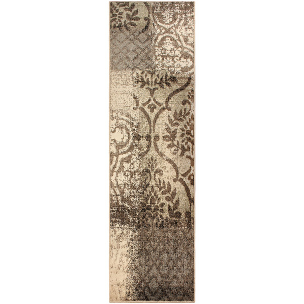 8' Tan And Brown Damask Distressed Stain Resistant Runner Rug 486751 By Homeroots