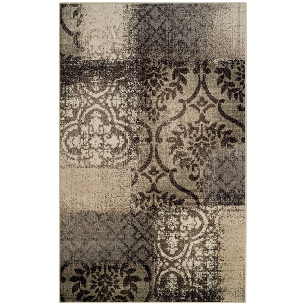 5' X 8' Tan And Brown Damask Distressed Stain Resistant Area Rug 486763 By Homeroots