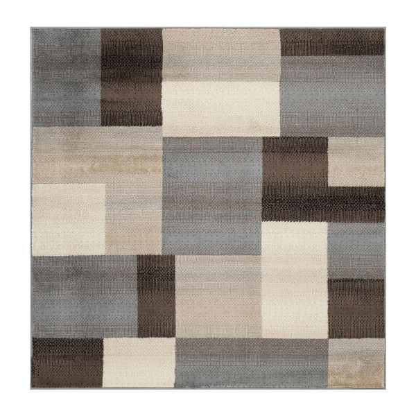 8' Square Grey-Brown Square Patchwork Power Loom Stain Resistant Area Rug 486865 By Homeroots