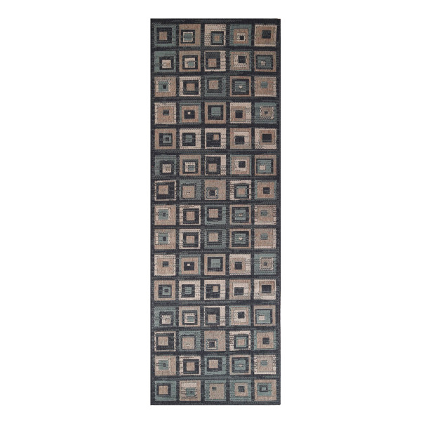 8' Color Block Beige And Teal Checkered Stain Resistant Runner Rug 486868 By Homeroots