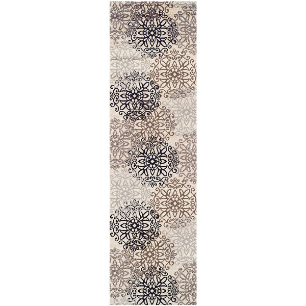 10' Tan Gray And Black Floral Medallion Stain Resistant Runner Rug 486909 By Homeroots