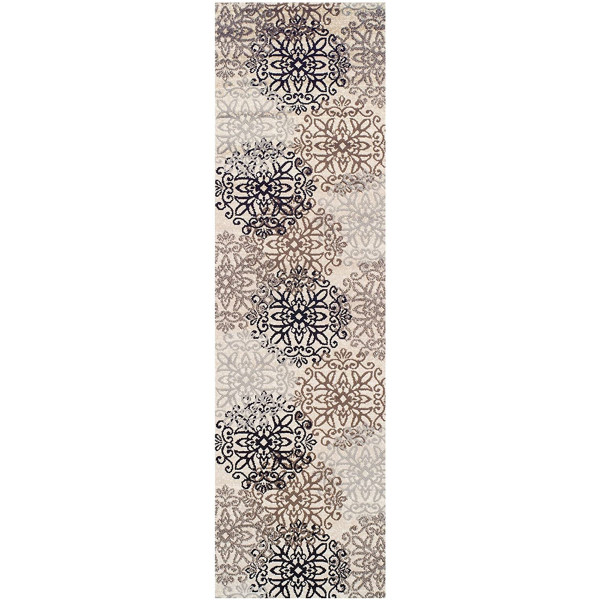 8' Tan Gray And Black Floral Medallion Stain Resistant Runner Rug 486911 By Homeroots