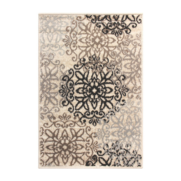 7' X 9' Tan Gray And Black Floral Medallion Stain Resistant Area Rug 486940 By Homeroots