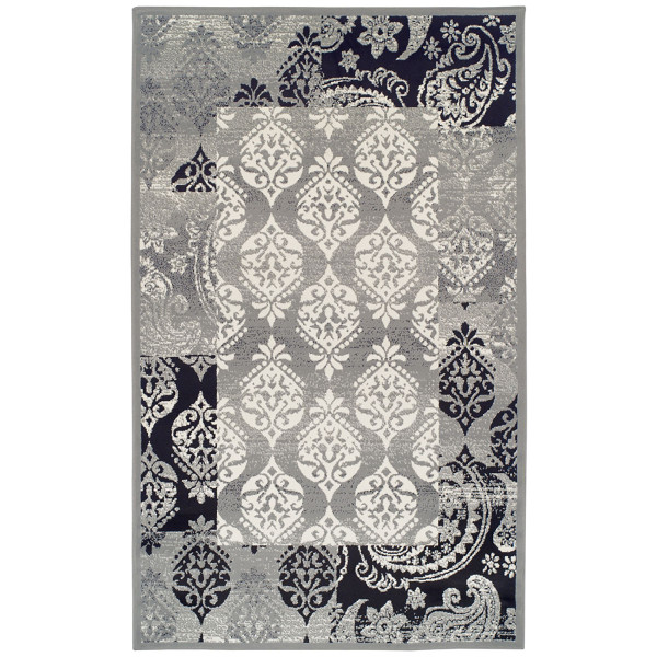 8' X 10' Black And Gray Damask Power Loom Distressed Stain Resistant Area Rug 486972 By Homeroots
