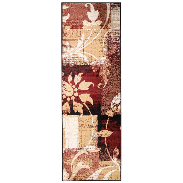 8' Burgundy And Beige Floral Power Loom Distressed Stain Resistant Runner Rug 486986 By Homeroots