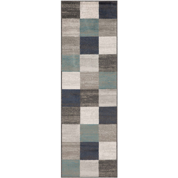 8' Teal And Gray Geometric Power Loom Stain Resistant Runner Rug 487024 By Homeroots
