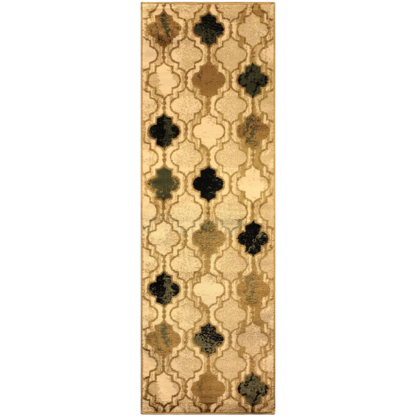 8' Cream Quatrefoil Power Loom Distressed Stain Resistant Runner Rug 487166 By Homeroots