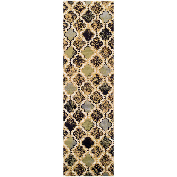 8' Multi-Colored Quatrefoil Power Loom Distressed Stain Resistant Runner Rug 487170 By Homeroots