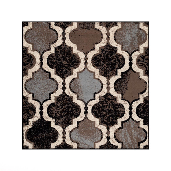 5' Square Chocolate Square Quatrefoil Power Loom Distressed Stain Resistant Area Rug 487203 By Homeroots